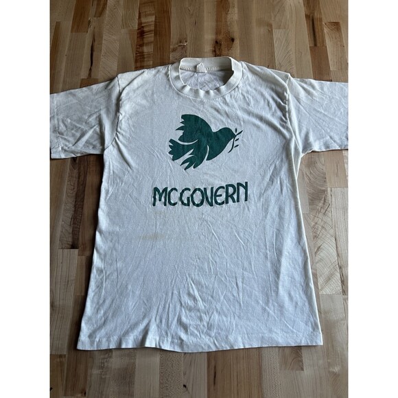 American Vintage Tops - Vintage 70s George McGovern Campaign Tee Single Stitch Dove Olive Branch Peace